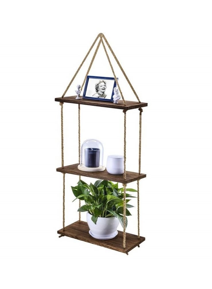 3 Tier Boho Style Wood Wall Shelf Hanging Floating Shelves Storage Organizer with Woven Rope