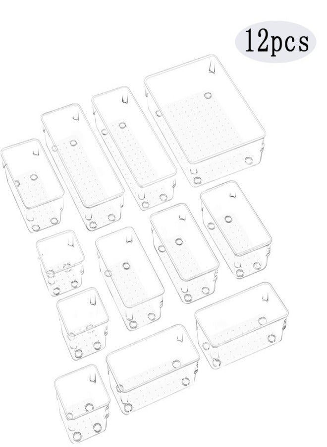 12 Pcs Thick Anti-Slip Clear Durable Plastic Drawer Organizer and Tray Divider Bin Set