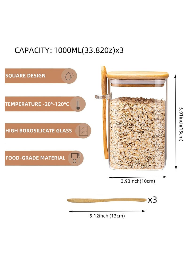 3Pack 1000ML(33.82oz) Square Glass Food Storage Jars,Kitchen Clear Glass Food Canisters with Bamboo Lid Airtight For Serving Tea, Coffee, Flour, Sugar, Salt, Cookie, Spices (3-Pack1000ML)