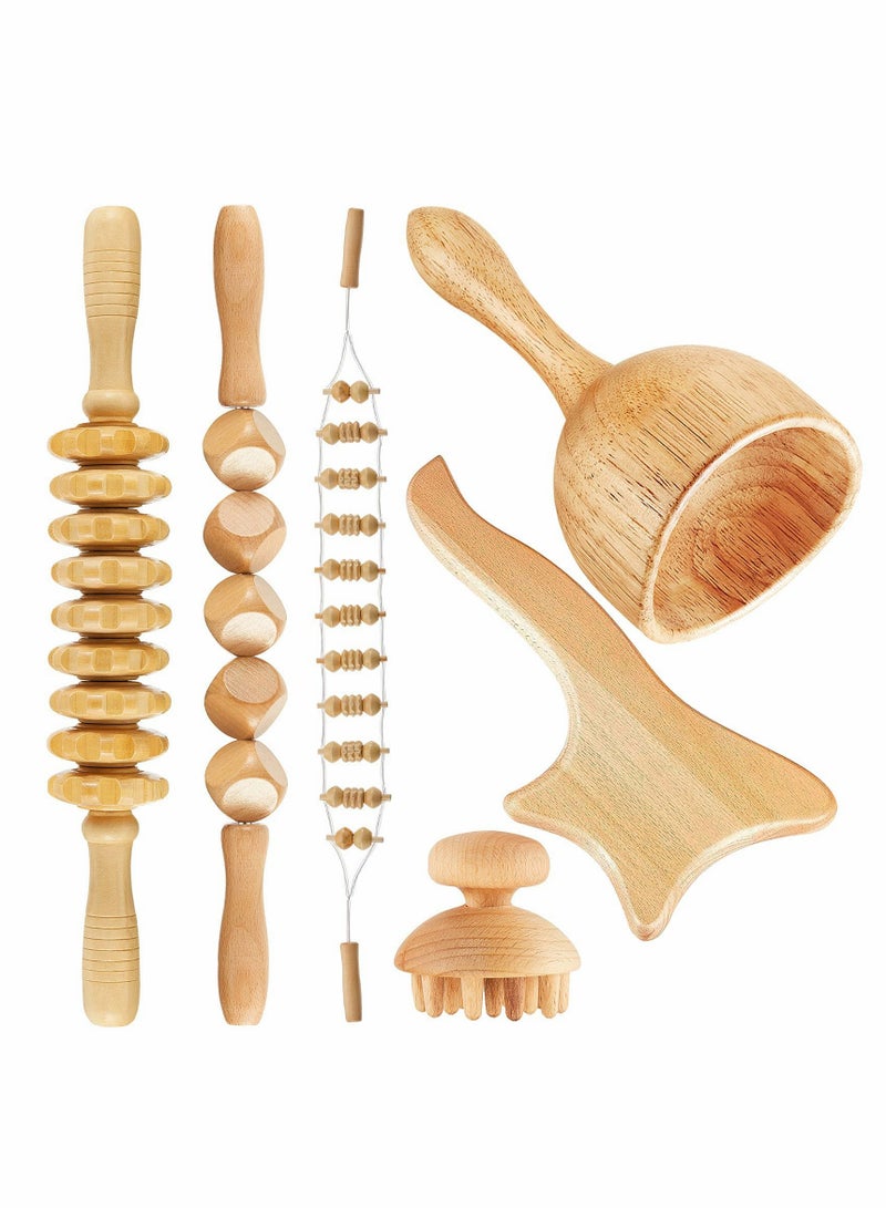 6 Piece Wooden Massage Tools Set for Full Body Relief, Includes Gua Sha Roller and Fascia Massager for Sore Muscles and Cellulite