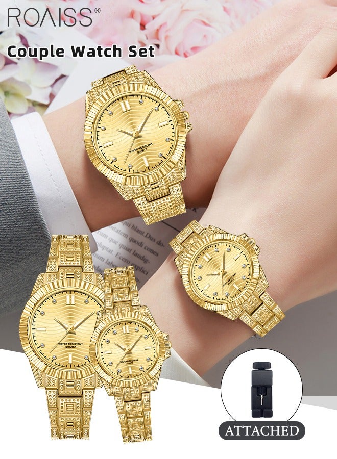 Stainless Steel Strap Couple Quartz Watch Set, Analog Display Round Dial, Waterproof Luminous Exquisite Fashion Wristwatch Suitable for Men Women, Gold