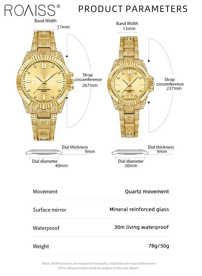 Stainless Steel Strap Couple Quartz Watch Set, Analog Display Round Dial, Waterproof Luminous Exquisite Fashion Wristwatch Suitable for Men Women, Gold