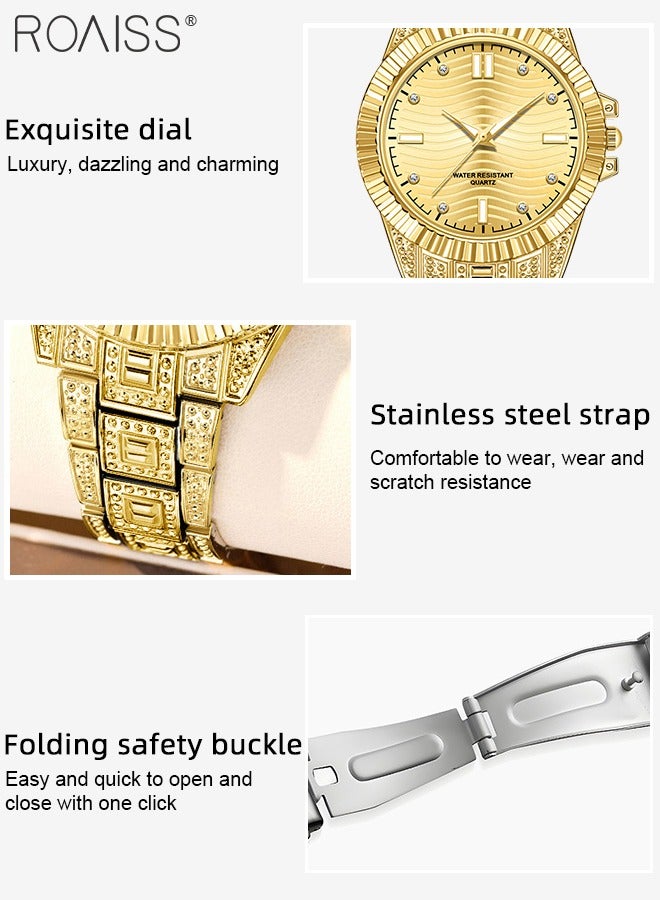 Stainless Steel Strap Couple Quartz Watch Set, Analog Display Round Dial, Waterproof Luminous Exquisite Fashion Wristwatch Suitable for Men Women, Gold