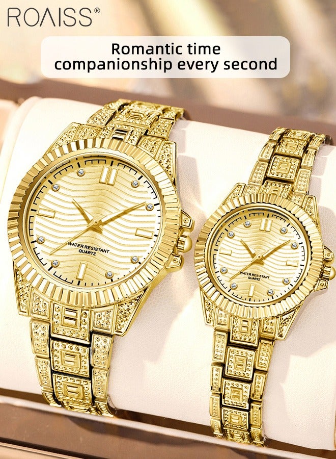 Stainless Steel Strap Couple Quartz Watch Set, Analog Display Round Dial, Waterproof Luminous Exquisite Fashion Wristwatch Suitable for Men Women, Gold