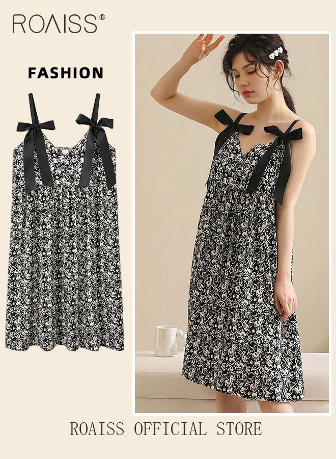 Cute Adjustable Strap Sleep Dress for Women Comfortable and Soft Sleeveless Spaghetti Strap Nightdress Ladies Girls Stylish Minimalist Floral Print Bow Decor Nightgowns