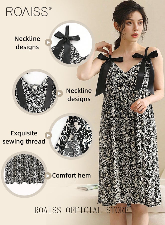 Cute Adjustable Strap Sleep Dress for Women Comfortable and Soft Sleeveless Spaghetti Strap Nightdress Ladies Girls Stylish Minimalist Floral Print Bow Decor Nightgowns