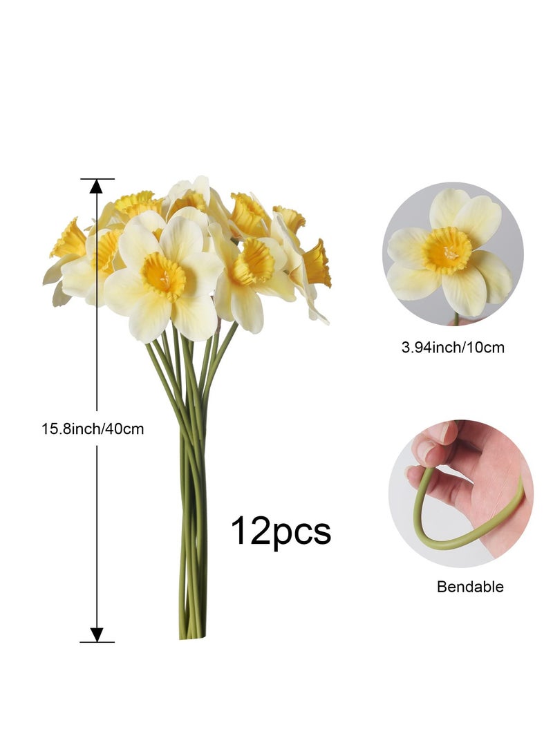 Fake flower, 12pcs Artificial Daffodils, Artificial Silk Daffodils Flowers, Fake Flowers Bouquet Silk Narcissus Flowers, for Spring Home Decor DIY Floral Arrangement Indoor Outdoor Wedding Decor