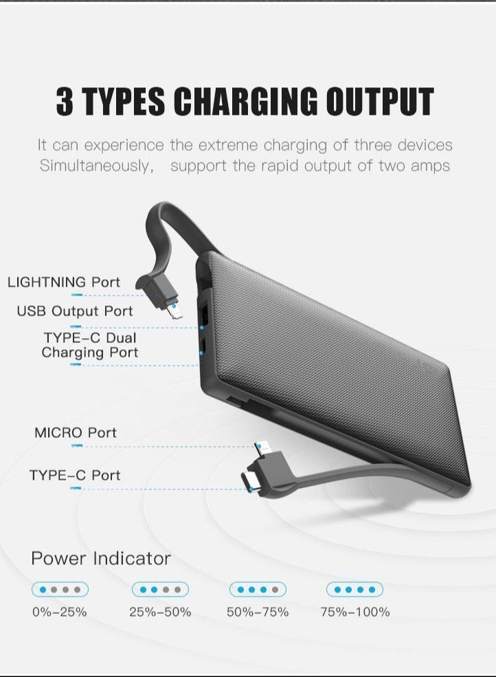 WST Powerbanks Charger Station 8in1 Portable Battery Pack Built In Cable Compatible with Lightning USB-C Micro USB Fast Charging Compact Slim 10000mah Compatible with iPhone Samsung iPad (Black)