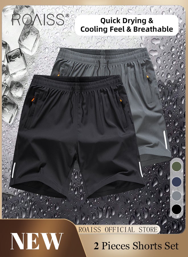 2 Piece Loose Fit Athletic Shorts Set for Men with Zipper Pockets Stylish Casual Quick Drying Running Shorts Fitness Beach Shorts Set Mens Comfy and Breathable Trunks