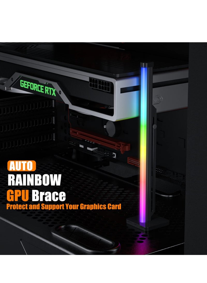 Adjustable GPU Support Bracket for Graphics Card, Anti-Sag Holder with SATA Holster, Includes Flexible Silicone Rainbow Light Strip and Side Neon Lighting.