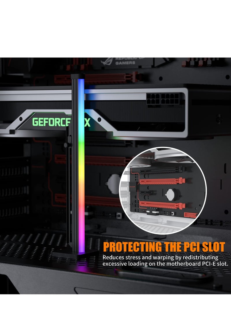 Adjustable GPU Support Bracket for Graphics Card, Anti-Sag Holder with SATA Holster, Includes Flexible Silicone Rainbow Light Strip and Side Neon Lighting.