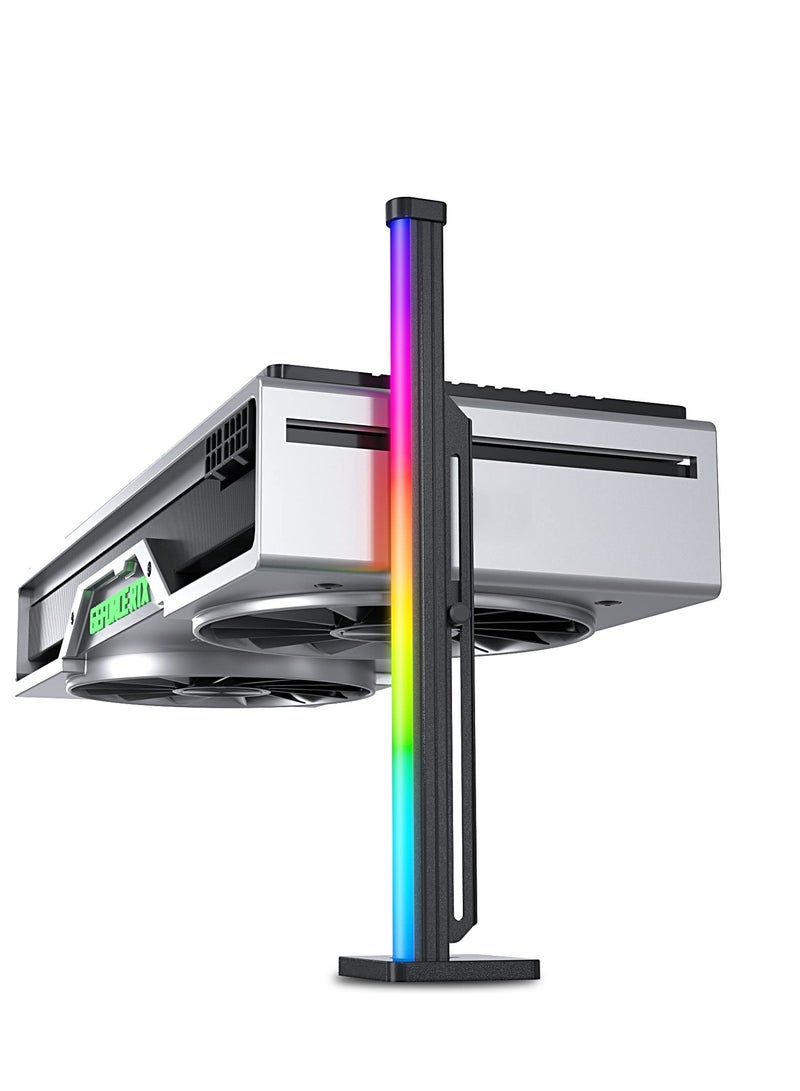 Adjustable GPU Support Bracket for Graphics Card, Anti-Sag Holder with SATA Holster, Includes Flexible Silicone Rainbow Light Strip and Side Neon Lighting.