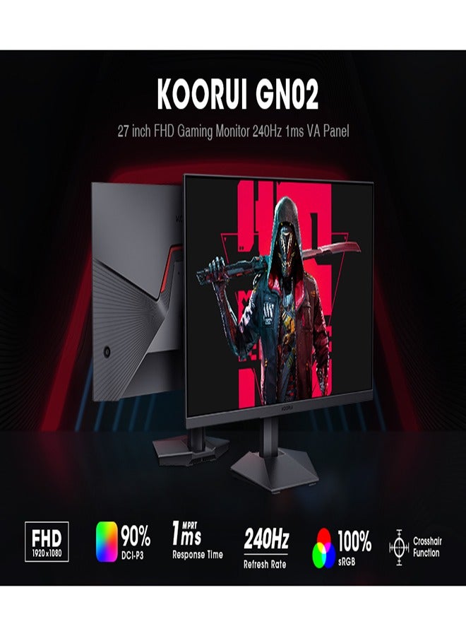 27-Inch Full HD Gaming Monitor 1920 x 1080, 240Hz Refresh Rate, 1ms Response Time, sRGB 100% Color Gamut, DCI-P3 90%, 3000: 1 Static Contrast, Audio Interface, Tilt Adjustable, DisplayPort and HDMI, VESA Compatible, Eye Protection, Crosshair, Timer, Free-sync Premium, G-sync Compatible | GN02