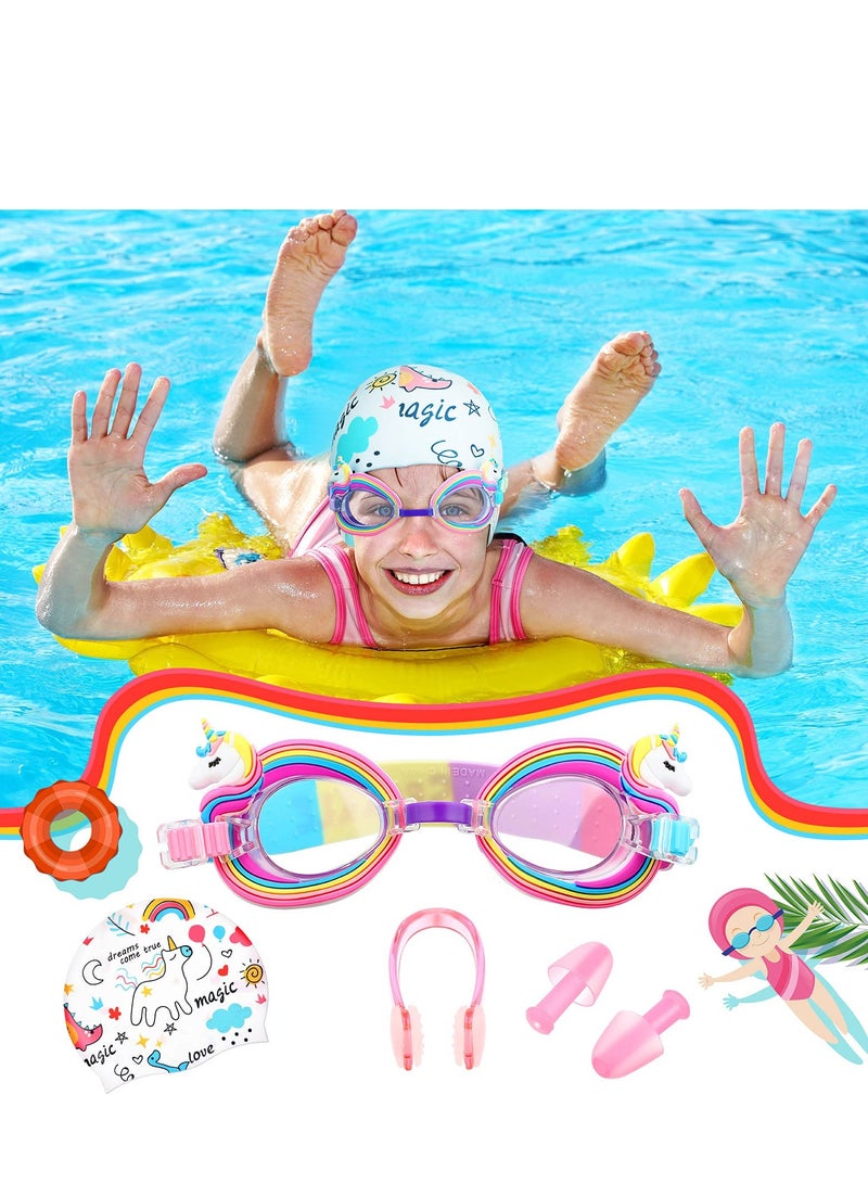 Children's Swimming Set - 5 Silicone Swim Caps, Goggles, Nose Clips, and Ear Plugs in Cute Cartoon Designs for Girls Aged 3-12 Years - Perfect Underwater Gear for Young Swimmers.