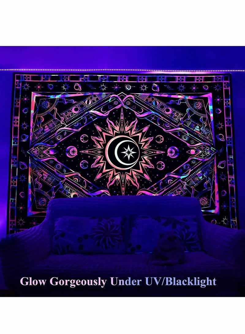 Tapestries for Bedroom Aesthetic Room Decor Wall Tapestry Blacklight Tapestry UV Reactive Black Light Posters Colorful Backdrop Glow in the Dark Hippie Boho Tapestry Burning Sun Trippy Tapestry