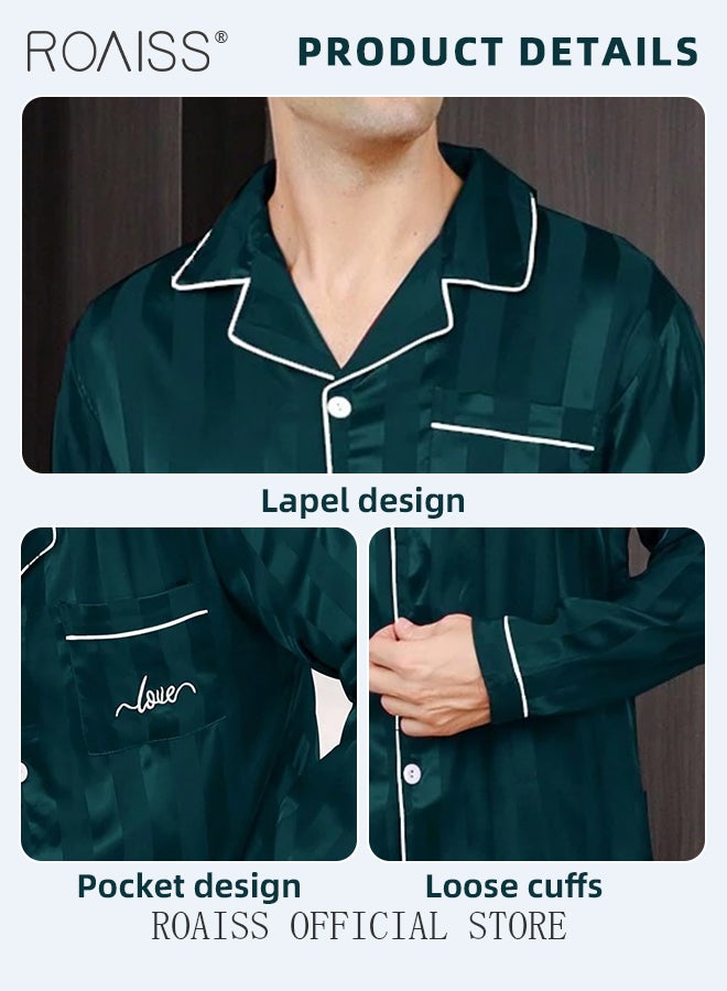2 PCS Comfy Satin Pajama Set for Men Long Sleeve Button Style Loose Fit Loungewear Mens Comfortable and Soft Two Piece Sets Sleepwear Involves Top and Pants in Striped Embroidery Pattern
