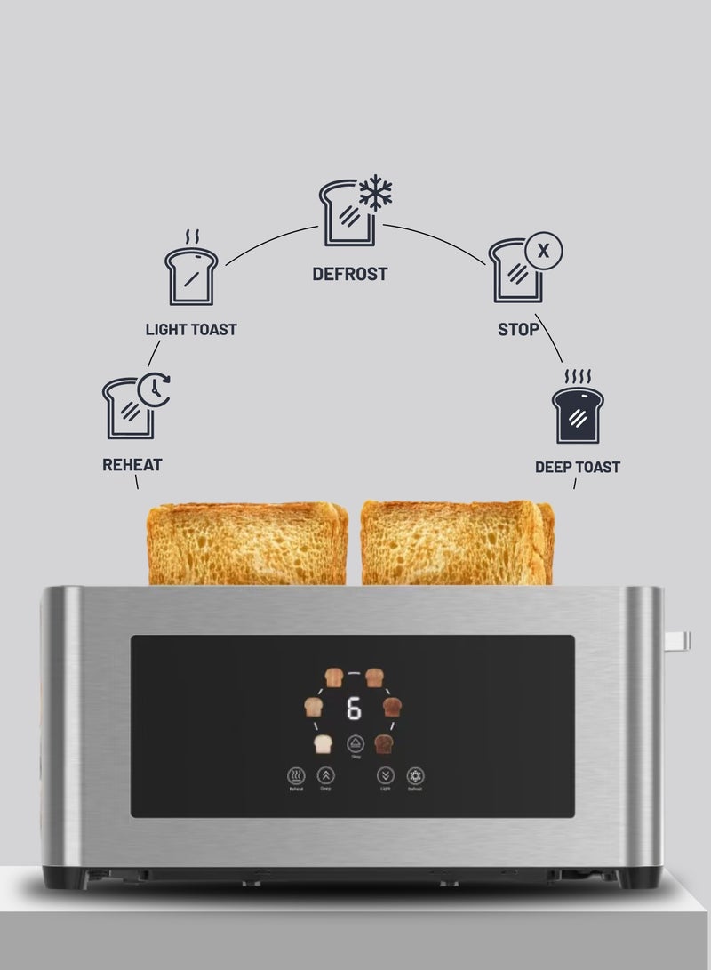 4-Slice Bread Digital Pop-Up Toaster Smart memory / Touch Panel / Reheat Mode / Deep Toast Mode / Light Toast Mode / Defrost Heat Levels / Stainless Steel / Slide Out Crumb Tray-Silver