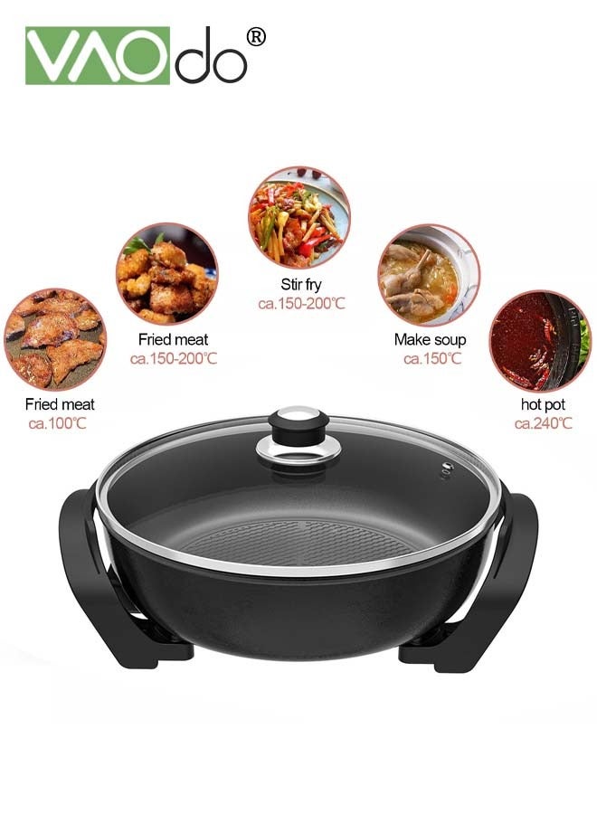 1500W Electric Skillet with Glass Cover Non-Stick 5-Speed Temperature Adjustment Pan with Power Failure Protection Device Extra Deep Electric Frying Pan with Wooden Spatula