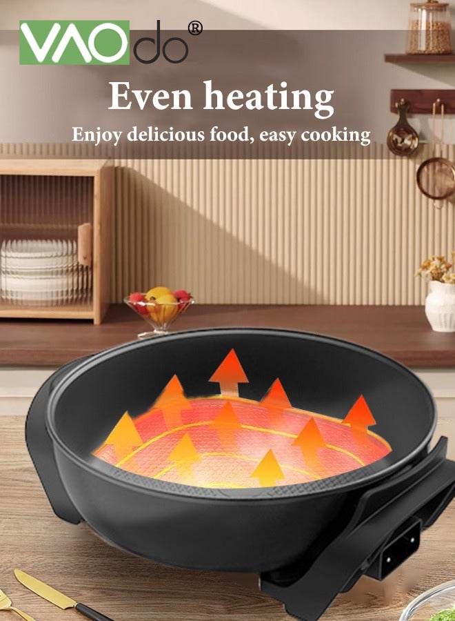 1500W Electric Skillet with Glass Cover Non-Stick 5-Speed Temperature Adjustment Pan with Power Failure Protection Device Extra Deep Electric Frying Pan with Wooden Spatula