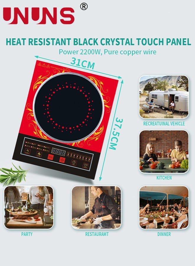 Portable Induction Cooktop,Countertop Burner With Multi-Function, 2200w Electric Stove With Easy Clean Glass,8 Modes Sensor Touch Cooker,Red