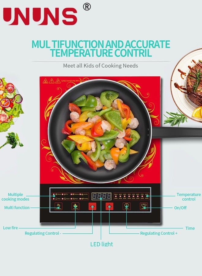 Portable Induction Cooktop,Countertop Burner With Multi-Function, 2200w Electric Stove With Easy Clean Glass,8 Modes Sensor Touch Cooker,Red