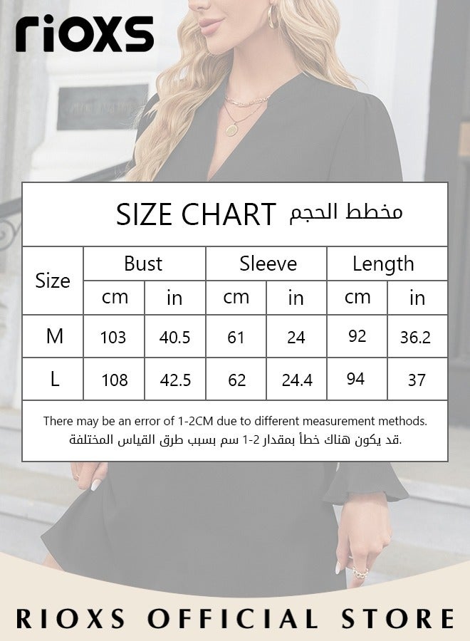 Women's V-neck Long Sleeves Dress Ice Silk Tunic Dress A-Line Skirt Flounces Loose Ruffle Tiered Dress Solid Flowy Shift Dresses For Business Work