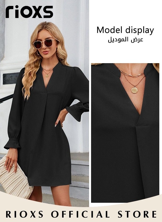 Women's V-neck Long Sleeves Dress Ice Silk Tunic Dress A-Line Skirt Flounces Loose Ruffle Tiered Dress Solid Flowy Shift Dresses For Business Work