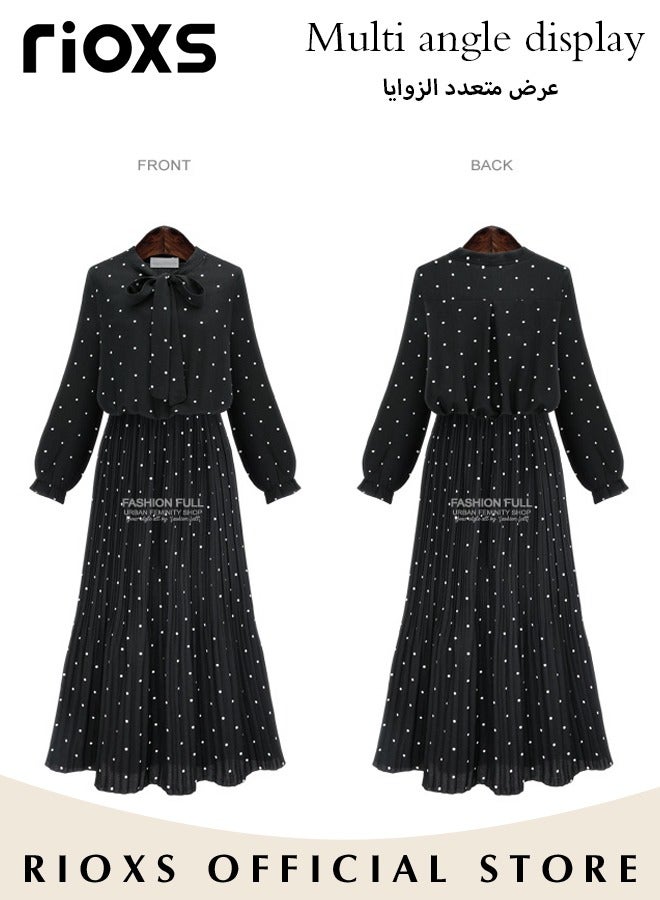 Women's Chiffon Polka Dot Dresses Long Sleeve Maxi Dress Elegant Loose Fitting Mid Length Pleated Dress Elastic High Waist Ruffle A-Line Long Dress With Bowknot