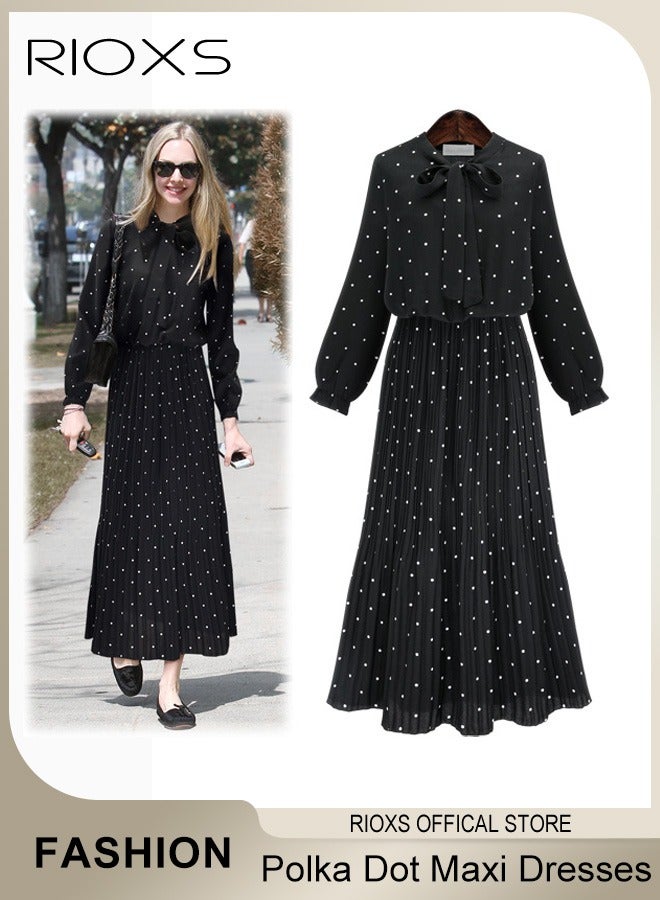 Women's Chiffon Polka Dot Dresses Long Sleeve Maxi Dress Elegant Loose Fitting Mid Length Pleated Dress Elastic High Waist Ruffle A-Line Long Dress With Bowknot