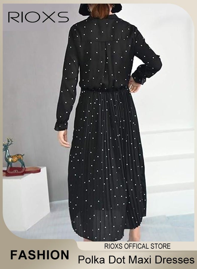 Women's Chiffon Polka Dot Dresses Long Sleeve Maxi Dress Elegant Loose Fitting Mid Length Pleated Dress Elastic High Waist Ruffle A-Line Long Dress With Bowknot