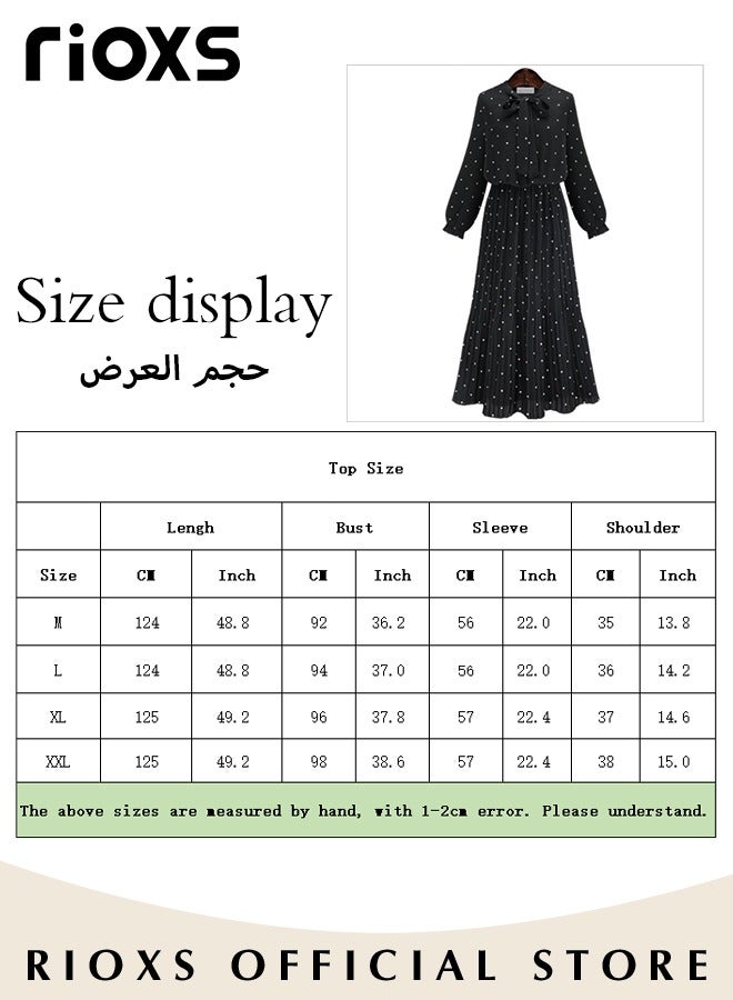 Women's Chiffon Polka Dot Dresses Long Sleeve Maxi Dress Elegant Loose Fitting Mid Length Pleated Dress Elastic High Waist Ruffle A-Line Long Dress With Bowknot