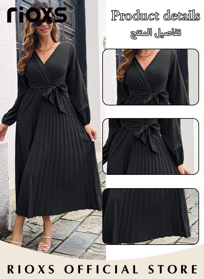 Women's V Neck Elegant Belted Long Sleeve Solid Color Maxi Dress High Waist Pleated A-Line Long Dress