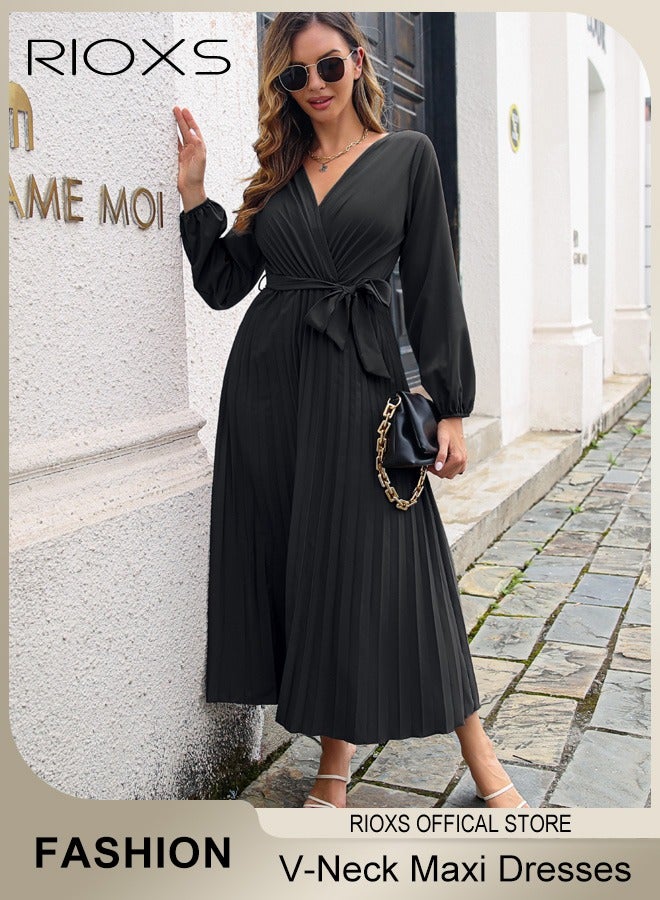 Women's V Neck Elegant Belted Long Sleeve Solid Color Maxi Dress High Waist Pleated A-Line Long Dress