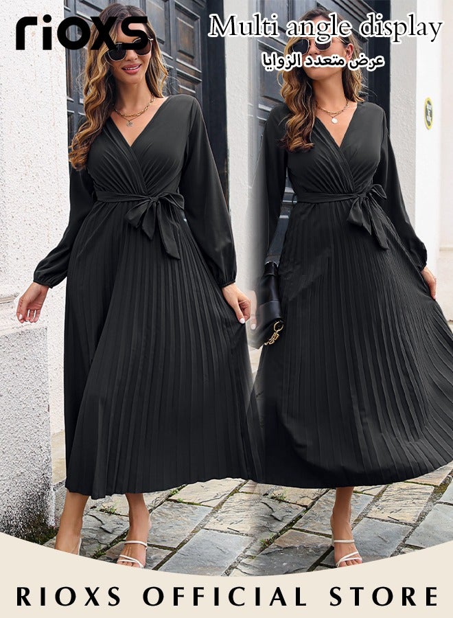 Women's V Neck Elegant Belted Long Sleeve Solid Color Maxi Dress High Waist Pleated A-Line Long Dress