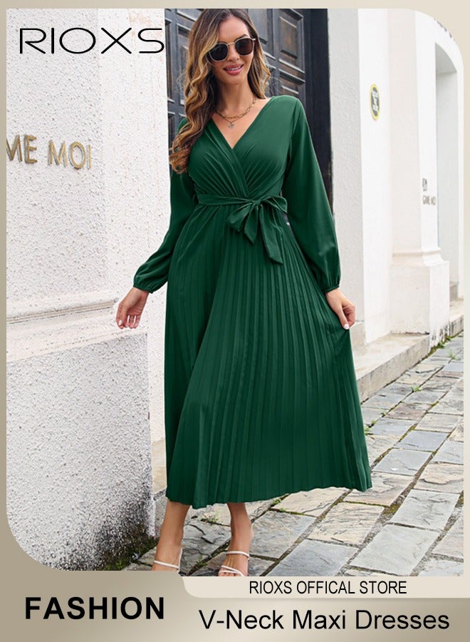 Women's V Neck Elegant Belted Long Sleeve Solid Color Maxi Dress High Waist Pleated A-Line Long Dress