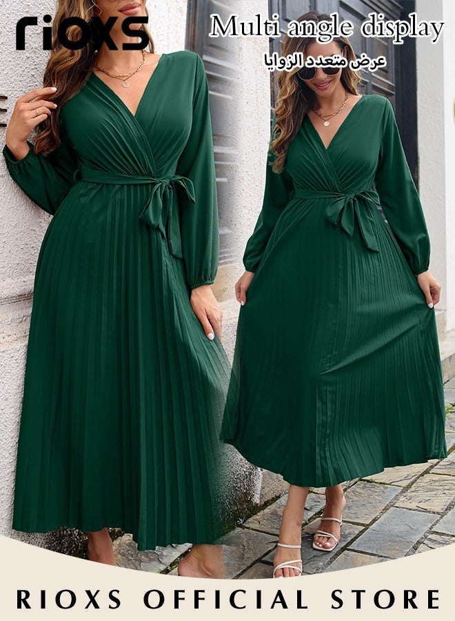 Women's V Neck Elegant Belted Long Sleeve Solid Color Maxi Dress High Waist Pleated A-Line Long Dress