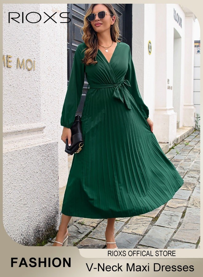 Women's V Neck Elegant Belted Long Sleeve Solid Color Maxi Dress High Waist Pleated A-Line Long Dress