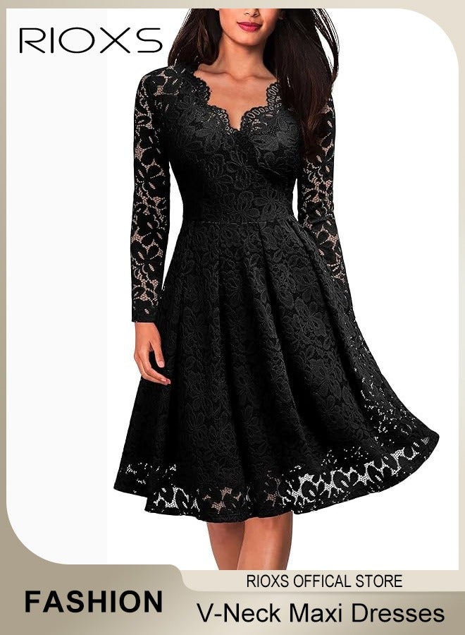 Women's Elegant V Neck Lace Dress Three Quarter Sleeves Floral High Waist Vintage Floral Lace Swing Midi Bridesmaid Dresses For Wedding Cocktail Formal Party And Special Occasions