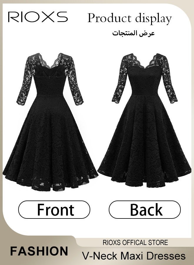 Women's Elegant V Neck Lace Dress Three Quarter Sleeves Floral High Waist Vintage Floral Lace Swing Midi Bridesmaid Dresses For Wedding Cocktail Formal Party And Special Occasions