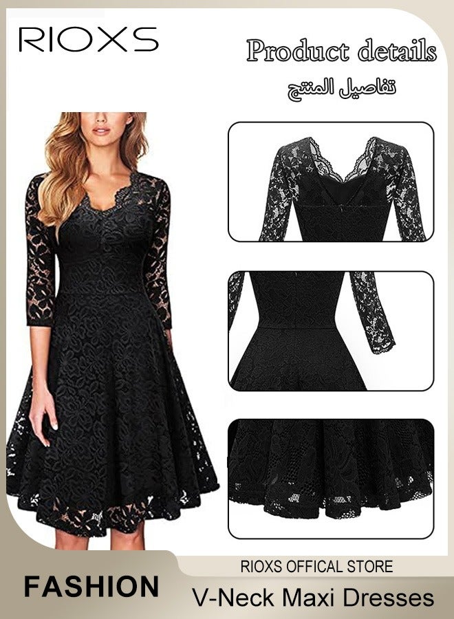 Women's Elegant V Neck Lace Dress Three Quarter Sleeves Floral High Waist Vintage Floral Lace Swing Midi Bridesmaid Dresses For Wedding Cocktail Formal Party And Special Occasions