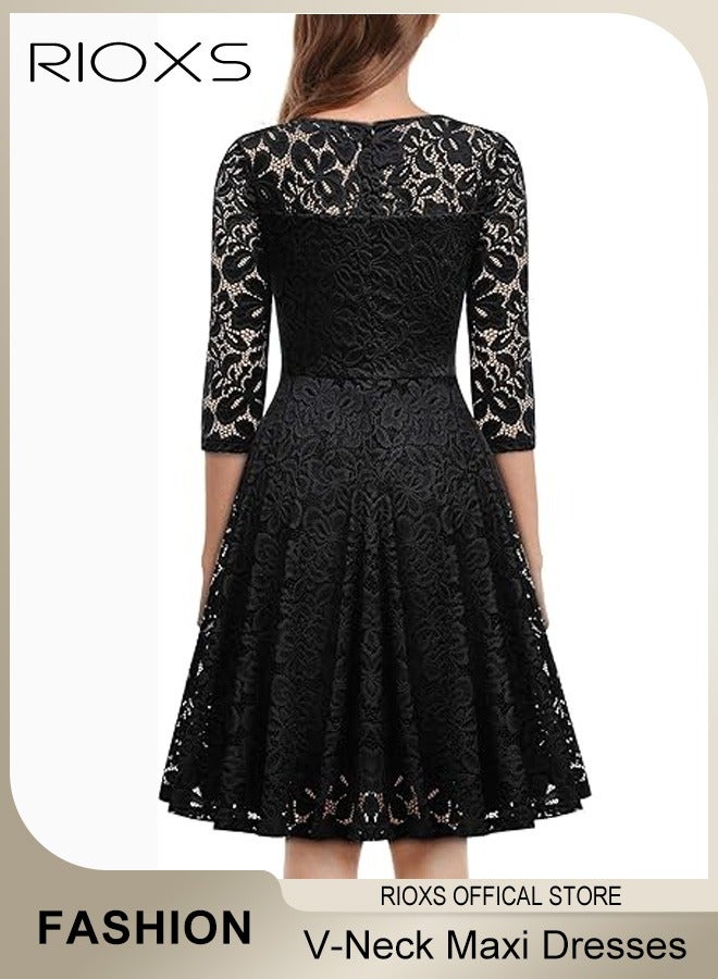 Women's Elegant V Neck Lace Dress Three Quarter Sleeves Floral High Waist Vintage Floral Lace Swing Midi Bridesmaid Dresses For Wedding Cocktail Formal Party And Special Occasions