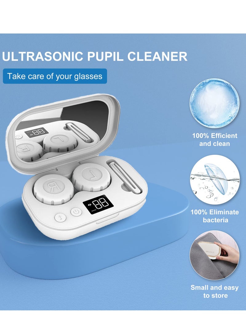 Portable Ultrasonic Contact Lens Cleaner Machine with USB Charger and LED Display for Quick and Gentle Cleaning of Soft and Hard Lenses - Ideal for Daily Care (White)