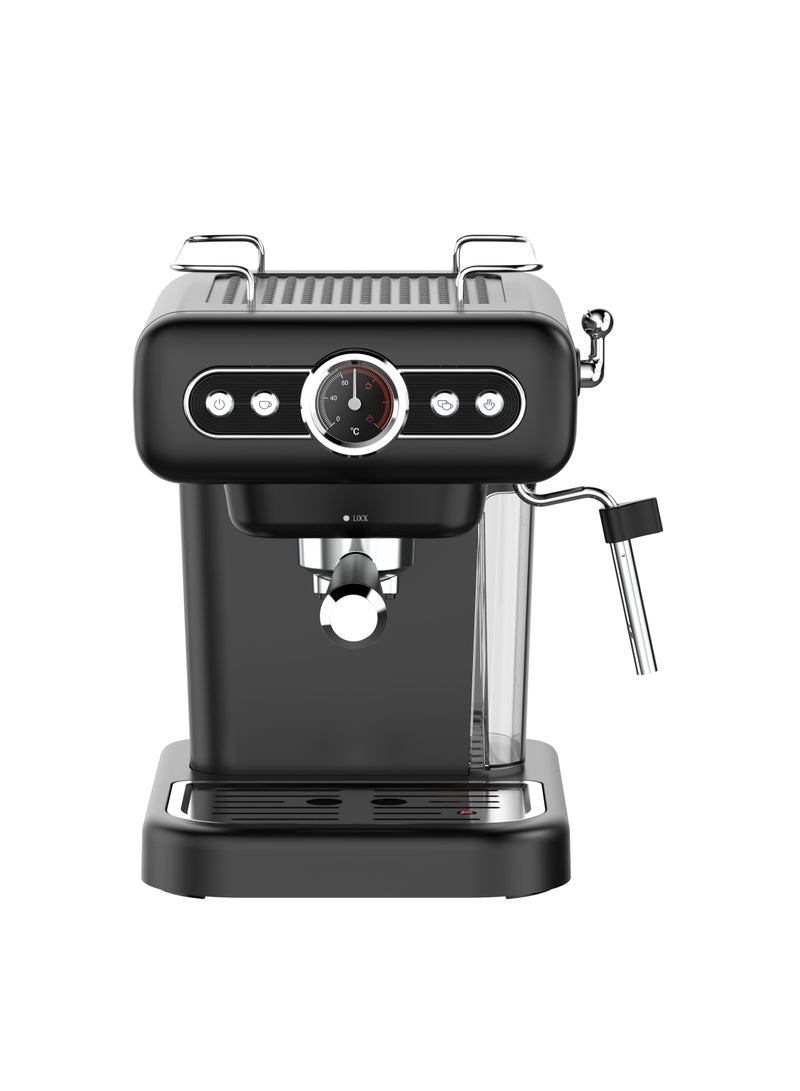 Retro Espresso Coffee Machine Boiler Gauge and Milk Steamer 950W Coffee Maker/ 1.2 Liter Water Tank Capacity / 15Bar Pump / CUP Warmer / Steam Control / Portable - Black