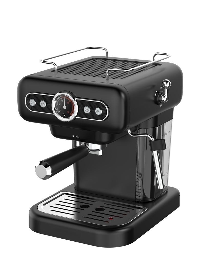 Retro Espresso Coffee Machine Boiler Gauge and Milk Steamer 950W Coffee Maker/ 1.2 Liter Water Tank Capacity / 15Bar Pump / CUP Warmer / Steam Control / Portable - Black