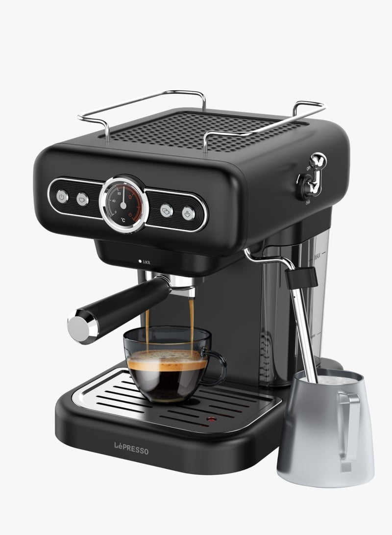 Retro Espresso Coffee Machine Boiler Gauge and Milk Steamer 950W Coffee Maker/ 1.2 Liter Water Tank Capacity / 15Bar Pump / CUP Warmer / Steam Control / Portable - Black