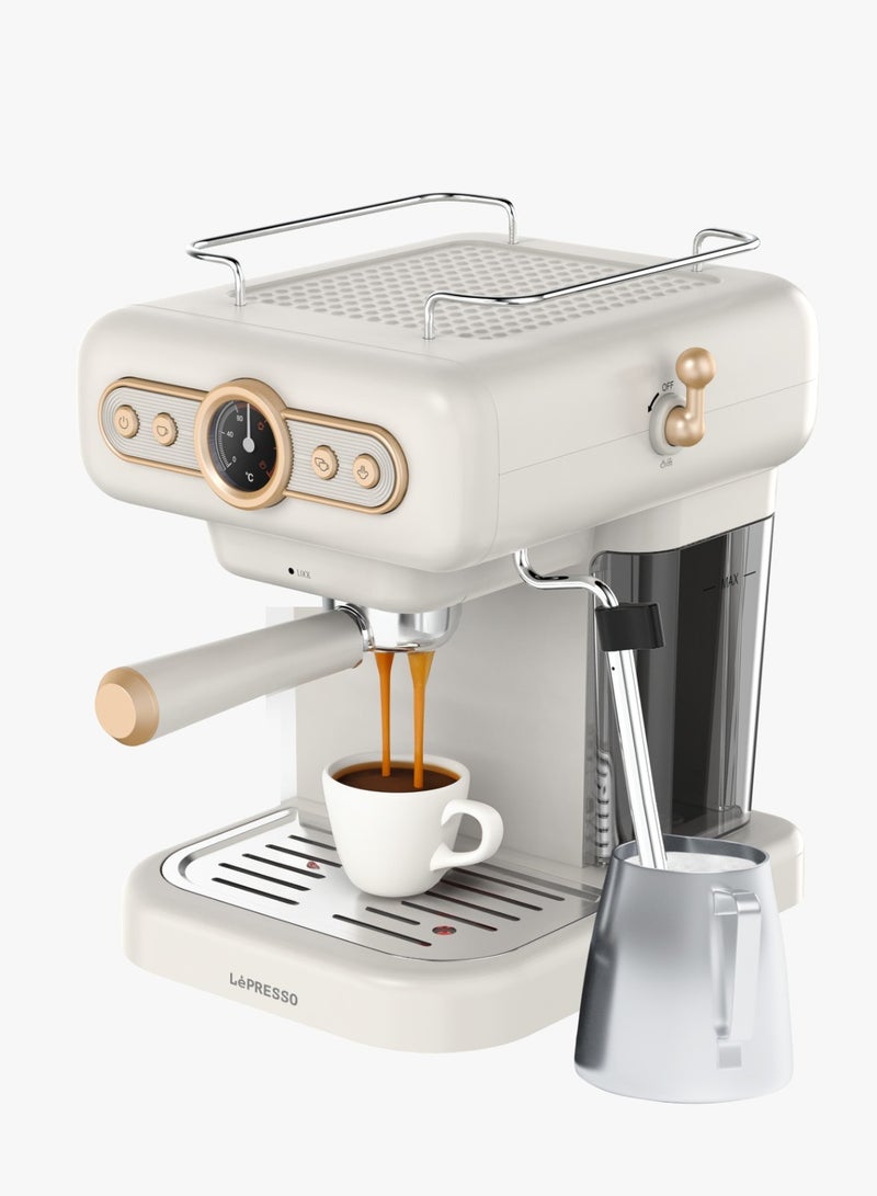 Retro Espresso Coffee Machine Boiler Gauge and Milk Steamer 950W Coffee Maker / 1.2 Liter Water Tank Capacity / 15Bar Pump / CUP Warmer / Steam Control / Portable - White