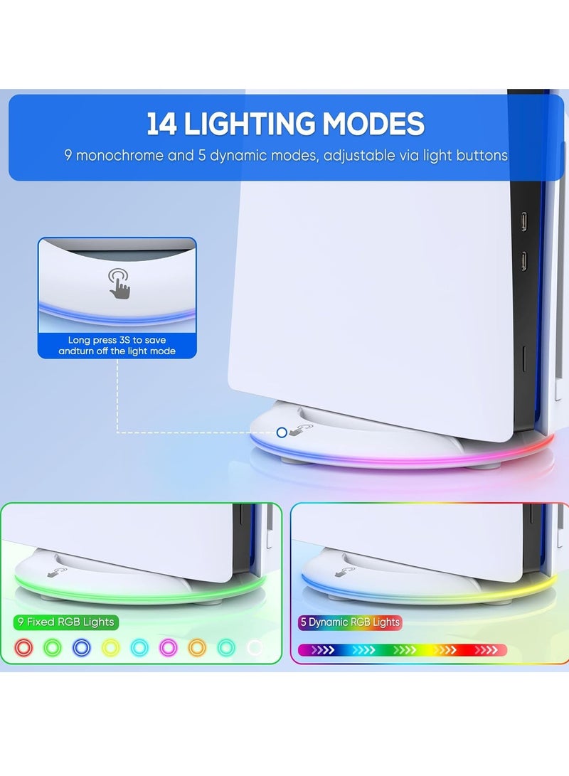 LED Vertical Stand for PS5 Slim Console Disc and Digital with 14 Light Mode, RGB Base Stand Replacement for Playstation 5 Slim Console with Screw ＆ USB Cable, White