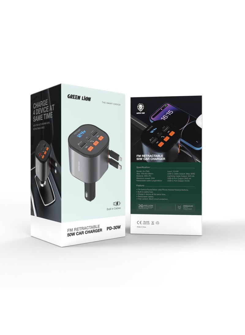 FM Retractable 50W Car Charger - Black