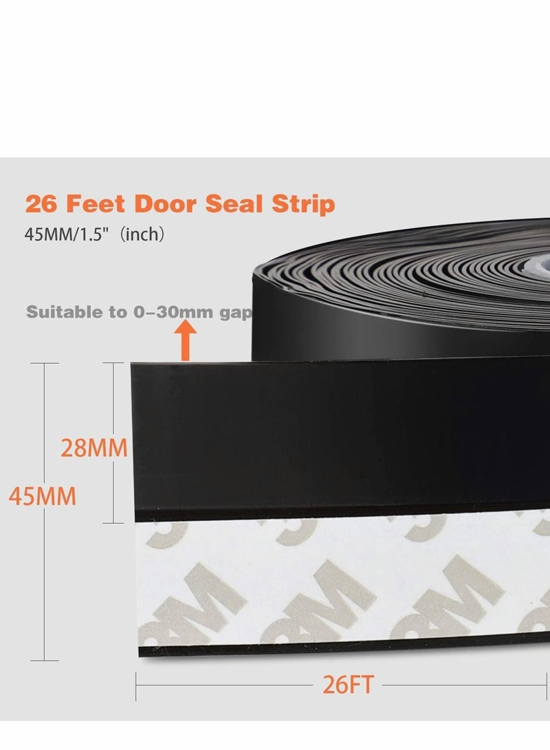 26 Feet Silicone Seal Strip,Door Weather Stripping Door Seal Strip Window Seal Silicone Sealing Tape for Door Draft Stopper Adhesive Tape for Doors Windows and Shower Glass Gaps (Black, 45MM)