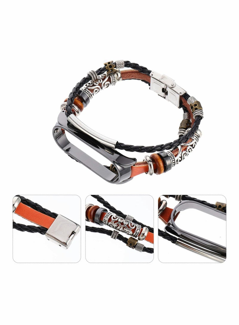 Mi Band 5 Wrist Strap, Lightweight Metal Frame with PU Leather, Handmade Beaded Retro Ethnic Style Watchband, Replacement Strap for Men and Women